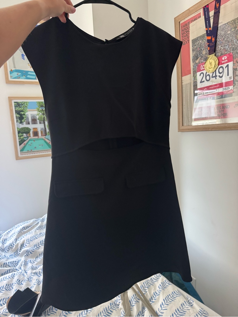 Zara Black Asymmetrical Cap-Sleeve Layered Shift Dress